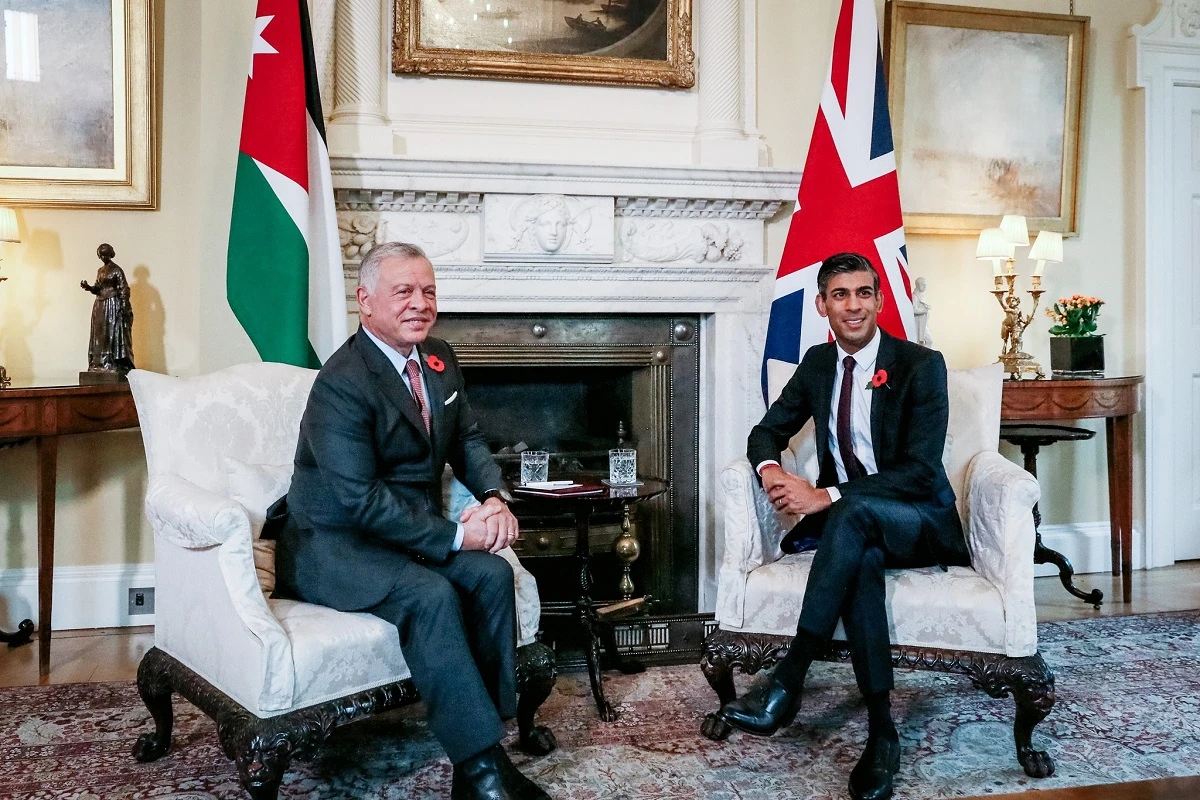 Jordan’s King Abdullah during his meeting with UK’s PM Rishi Sunak on Friday in London. (Petra)