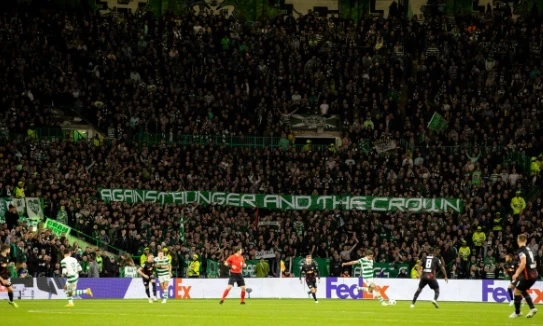 Celtic’s banner at a home game against Leipzig on Oct. 11 read: “Against hunger and the crown.” (Twitter)