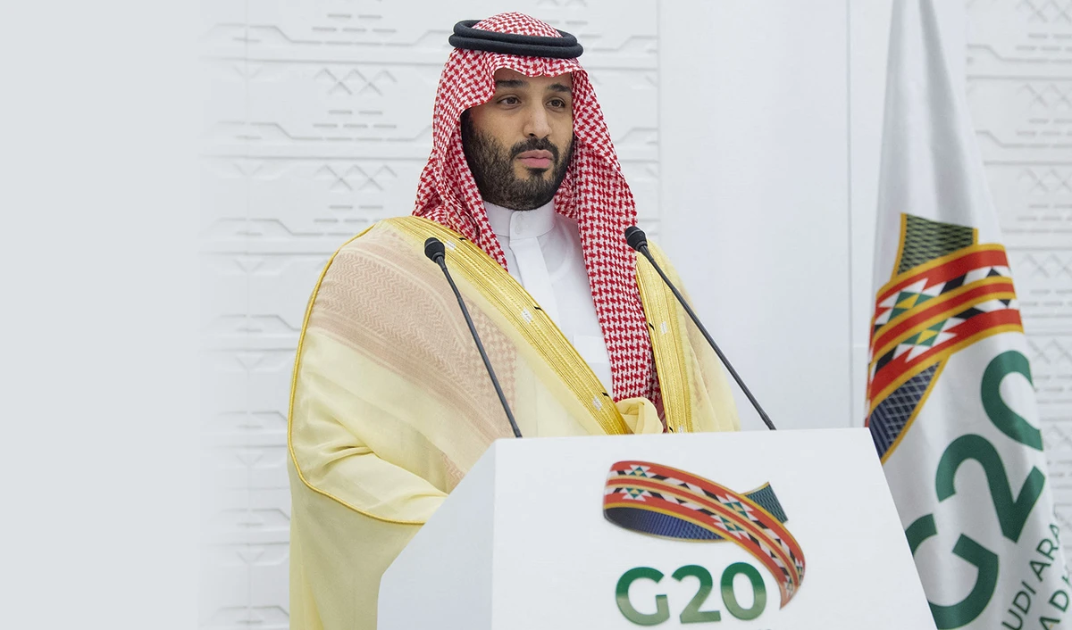 Saudi Crown Prince Mohammed bin Salman addressing a remote press conference at the G20 summit in Riyadh, Saudi Arabia, on November 22, 2020. (SPA/File)