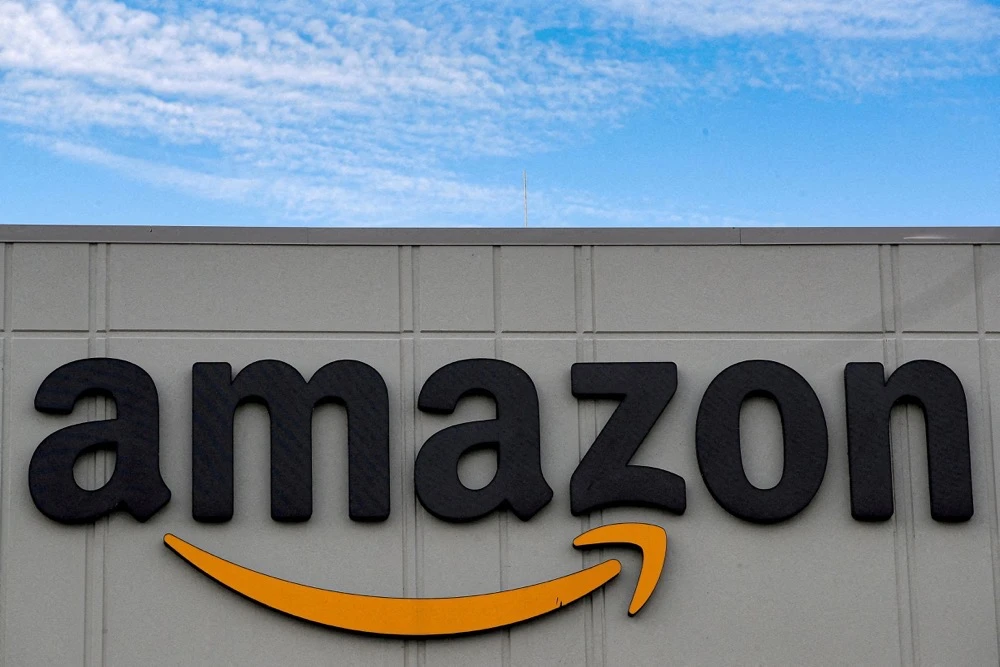 The Amazon logo is seen outside its JFK8 distribution center in Staten Island, New York. (Reuters)