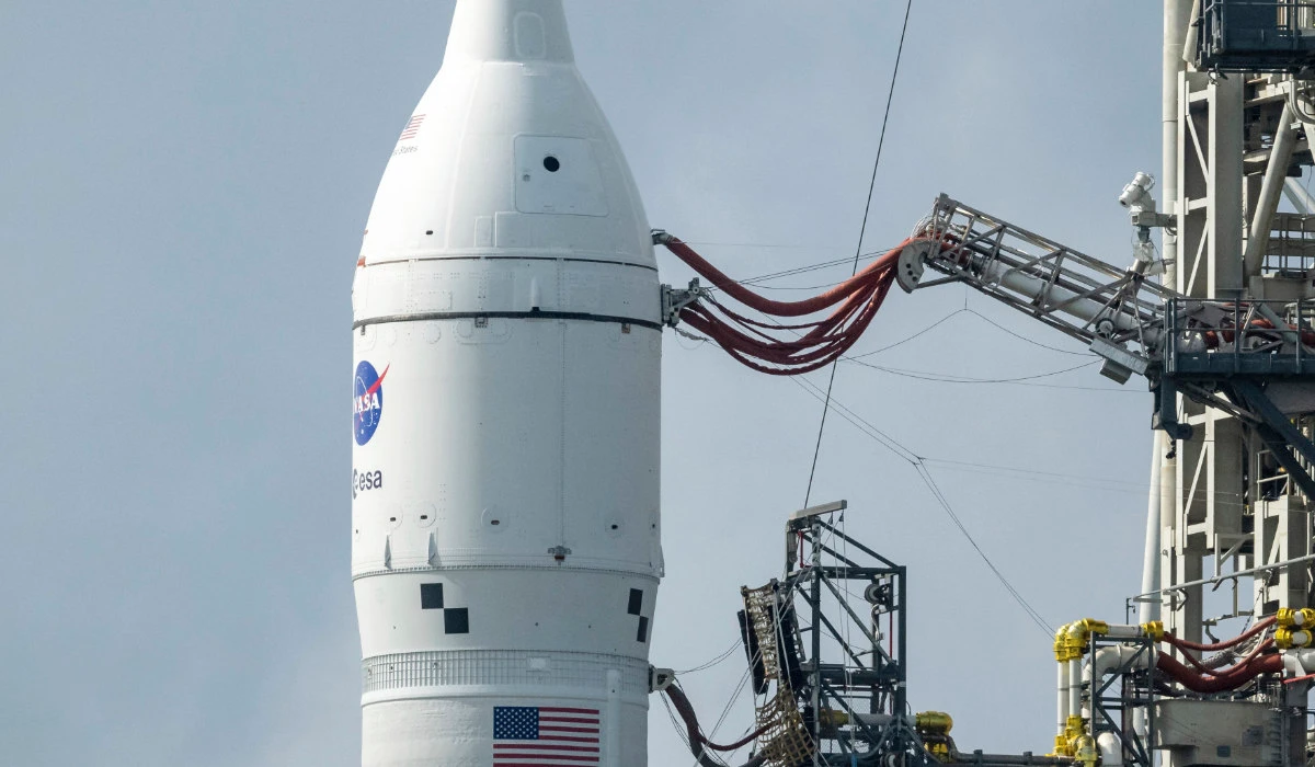 A close-up view of NASA’s moon rocket at Kennedy Space Center, Monday, Nov. 14, 2022, in Cape Canaveral, Fla. (AFP)