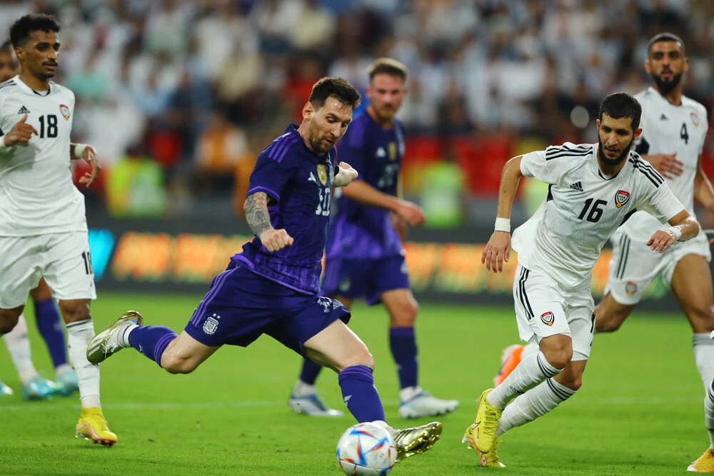 Argentina’s Lionel Messi scores their fourth goal during their international friendly against the UAE at Mohammed bin Zayed Stadium, in Abu Dhabi on Wednesday. (Reuters)