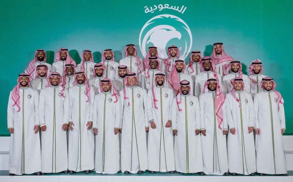 Saudi Arabia’s national football teams are to wear Adidas kit exclusively for four years. Above, the Kingdom’s men’s football team bound for the FIFA World Cup in Qatar. (SAFF)