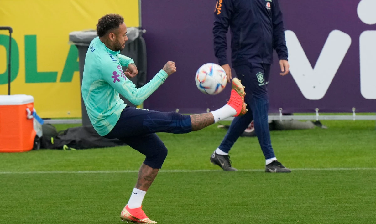 Brazil’s Neymar during a training session at the Continassa sporting center in Turin, Italy, Thursday. Brazil will compete in Group G at the 2022 World Cup. (AP)