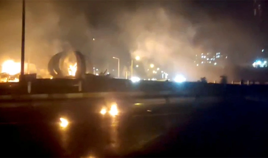 Fire and smoke are seen at Fuladshahr, Isfahan province, Iran in this still image obtained from a social media video released on November 17, 2022. (REUTERS)