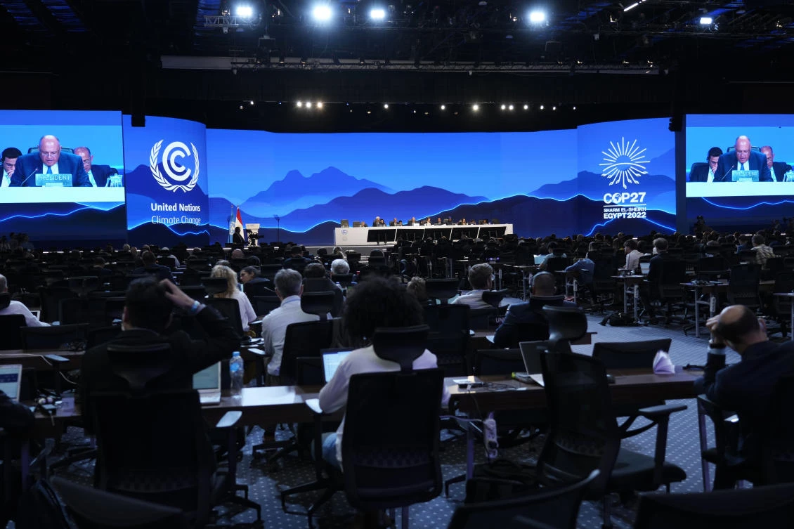 Sameh Shoukry, president of the COP27 climate summit, speaks during a closing plenary session at the UN Climate Summit on Nov. 20, 2022 in Sharm El-Sheikh, Egypt. (AP)