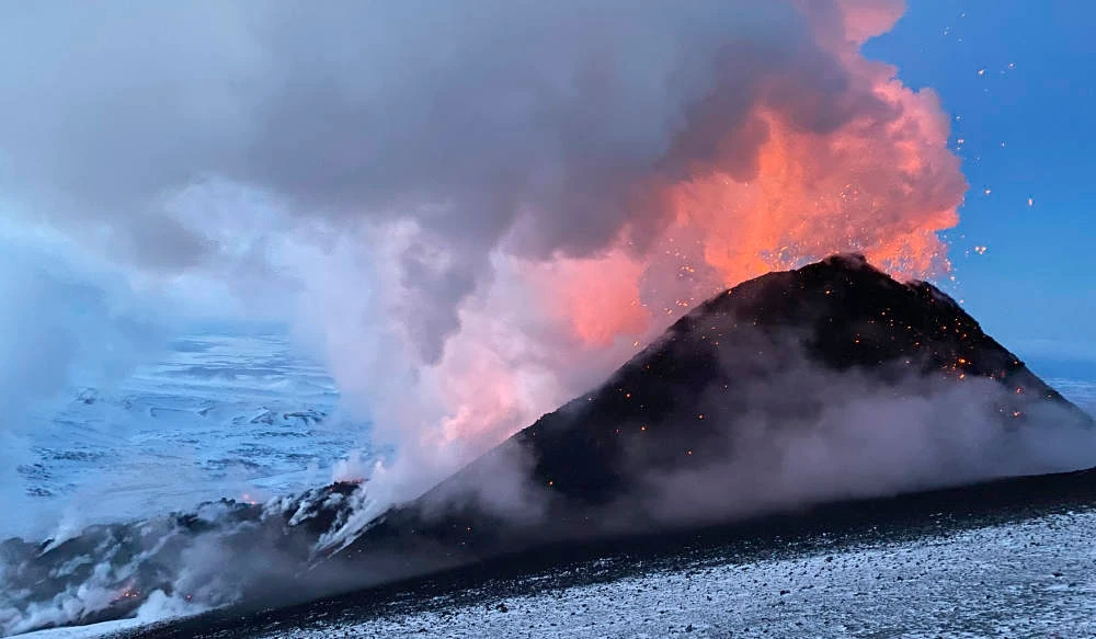 Flames and smoke billowing during the Klyuchevskaya volcano's eruption on the Kamchatka Peninsula in Russia, on March 8, 2021. (AP)