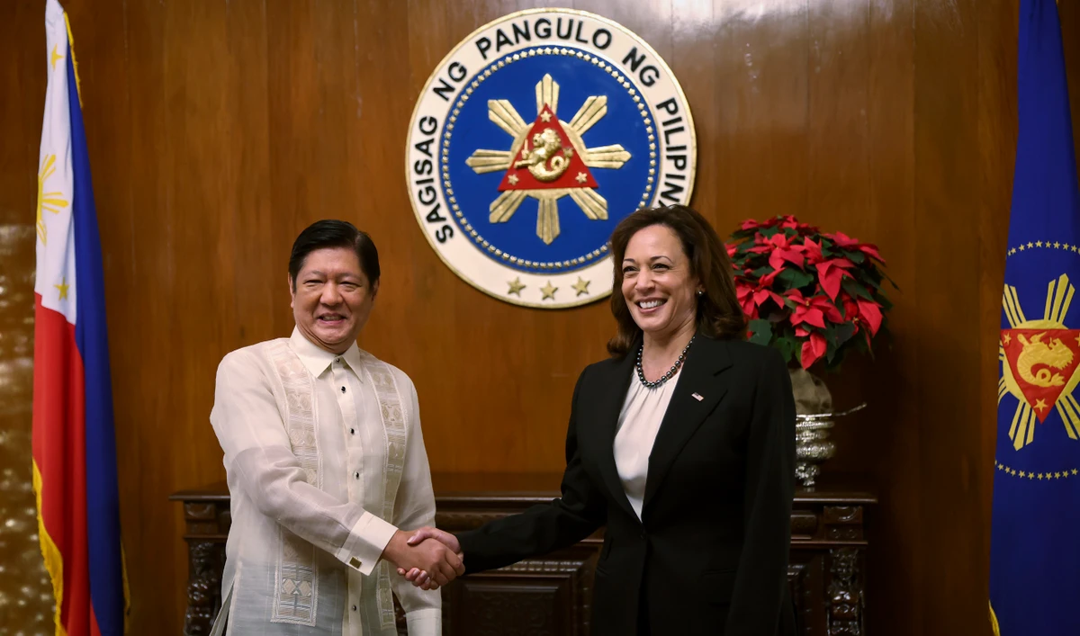 US Vice President Kamala Harris, right, shakes hands with Philippine President Ferdinand Marcos Jr. at the Malacanang presidential palace in Manila, Philippines on Monday, Nov. 21, 2022. (AP)