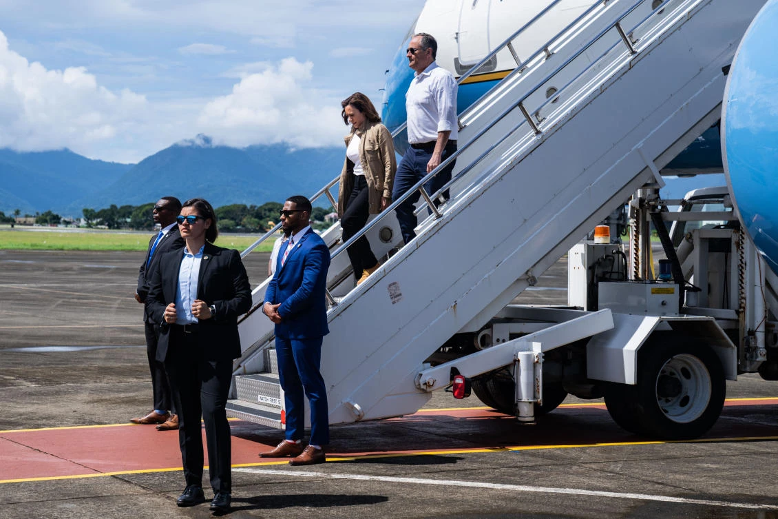 US Vice President Kamala Harris arrive at Puerto Princesa International Airport. (AFP)