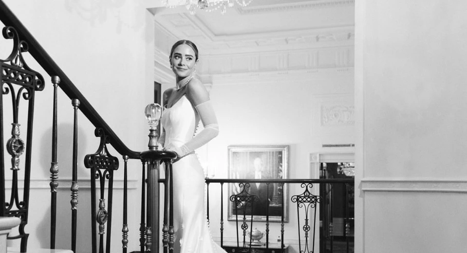 The strapless ivory silk Mikado dress featured her grandmother Roberta Buhle’s pearls sewn into the six-foot train. (Instagram)