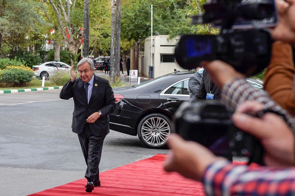 UN chief Antonio Guterres arrives at the UNAOC Global Forum in Morocco’s northern city of Fes. (AFP)