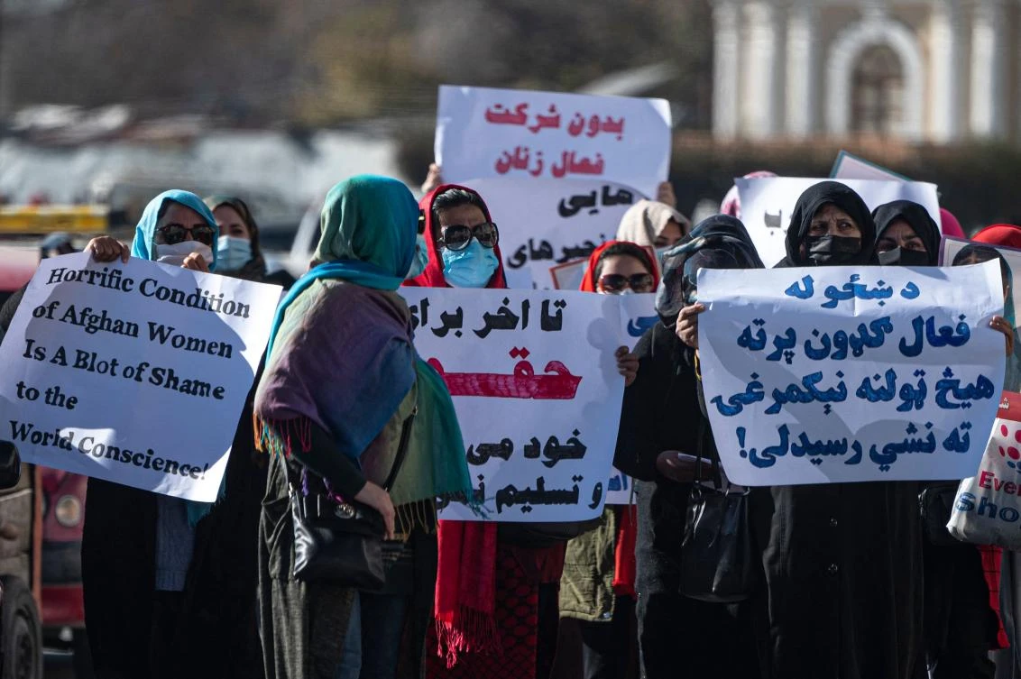 Afghan women have been squeezed out of public life since the Taliban’s return to power, but small groups have staged flash protests that are usually quickly shut down. (AFP)