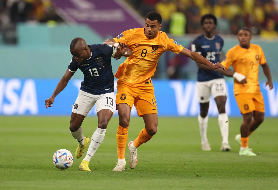 Ecuador’s Enner Valencia in action with Netherlands’ Cody Gakpo during their FIFA World Cup Qatar 2022 Group A match at Khalifa International Stadium, Doha on Friday. (Reuters)