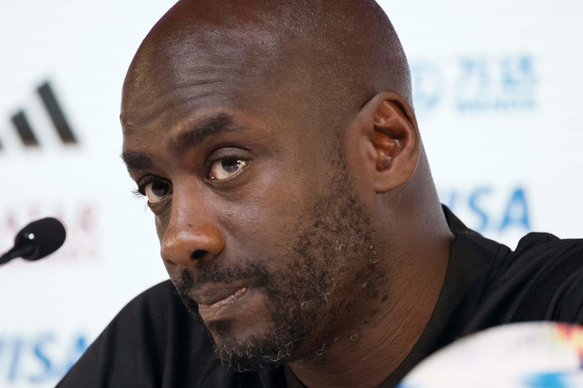 Ghana's coach Otto Addo addresses a press conference at the Qatar National Convention Centre (QNCC) in Doha. AFP