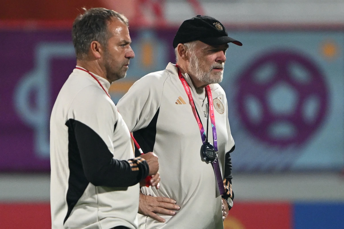 Germany's coach Hans-Dieter Flick (L) and assistant coach Hermann Gerland attend a training session. AFP
