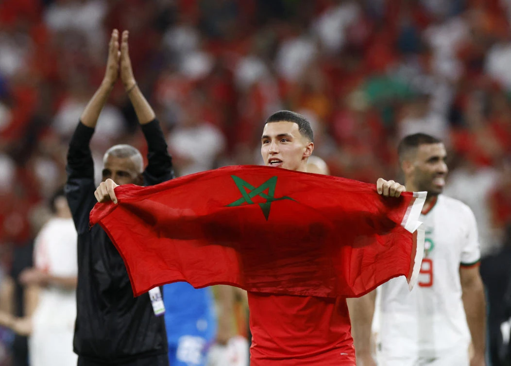 Morocco’s Bilal El Khannouss celebrates after victory over Belgium at Al Thumama Stadium, Doha, Qatar, Nov. 27, 2022. (Reuters)