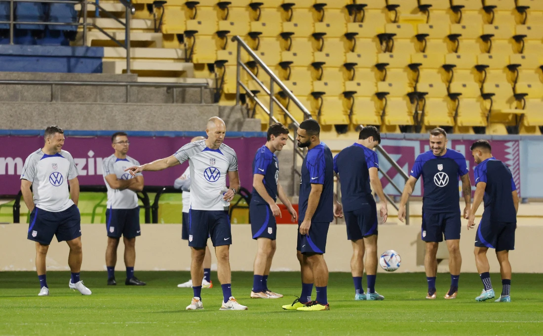 US coach Gregg Berhalter and team members during training Sunday ahead of the World Cup against Iran. (Reuters)