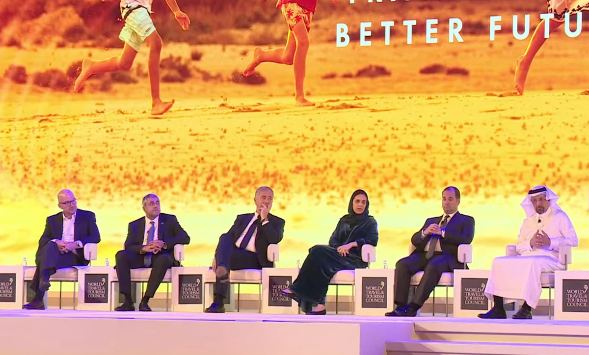 Global leaders gathered at the World Travel and Tourism Council summit in Riyadh where Saudi Minister of Investment Khalid Al-Falih also spoke. (Sreenshot)
