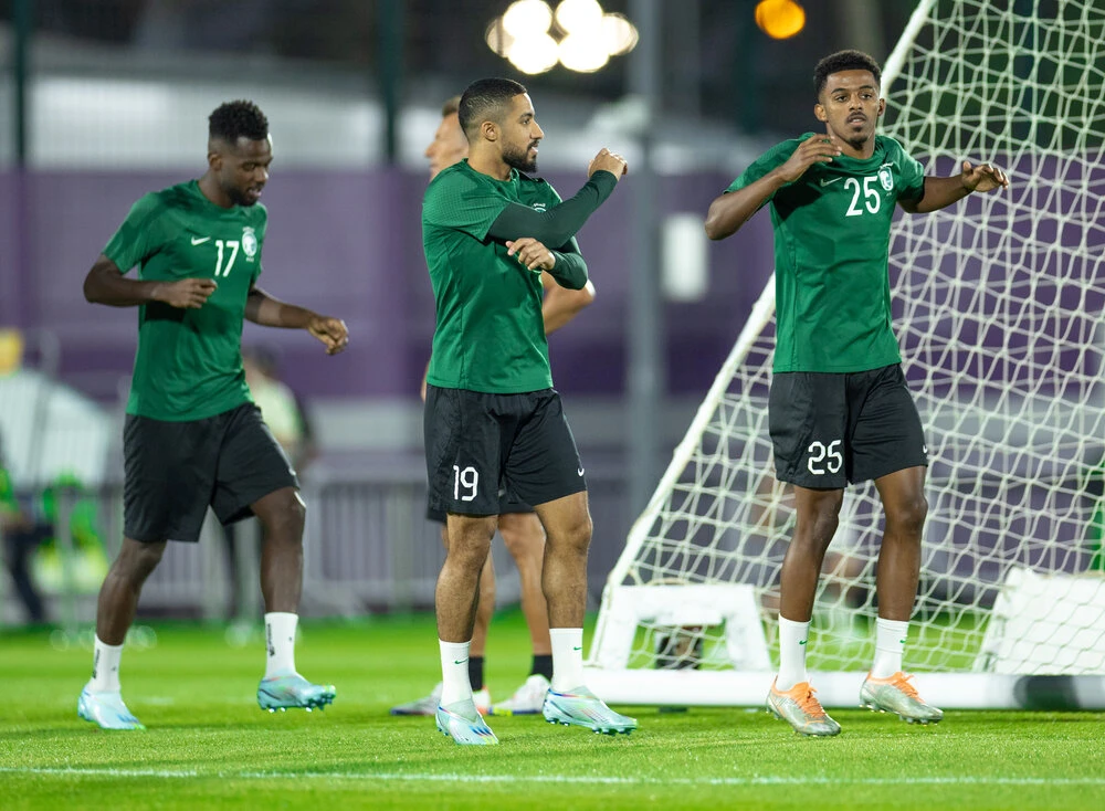 Saudi Arabia’s national football team during their final training session ahead of their last FIFA World Cup group stage clash against Mexico on Wednesday. (SAFF)