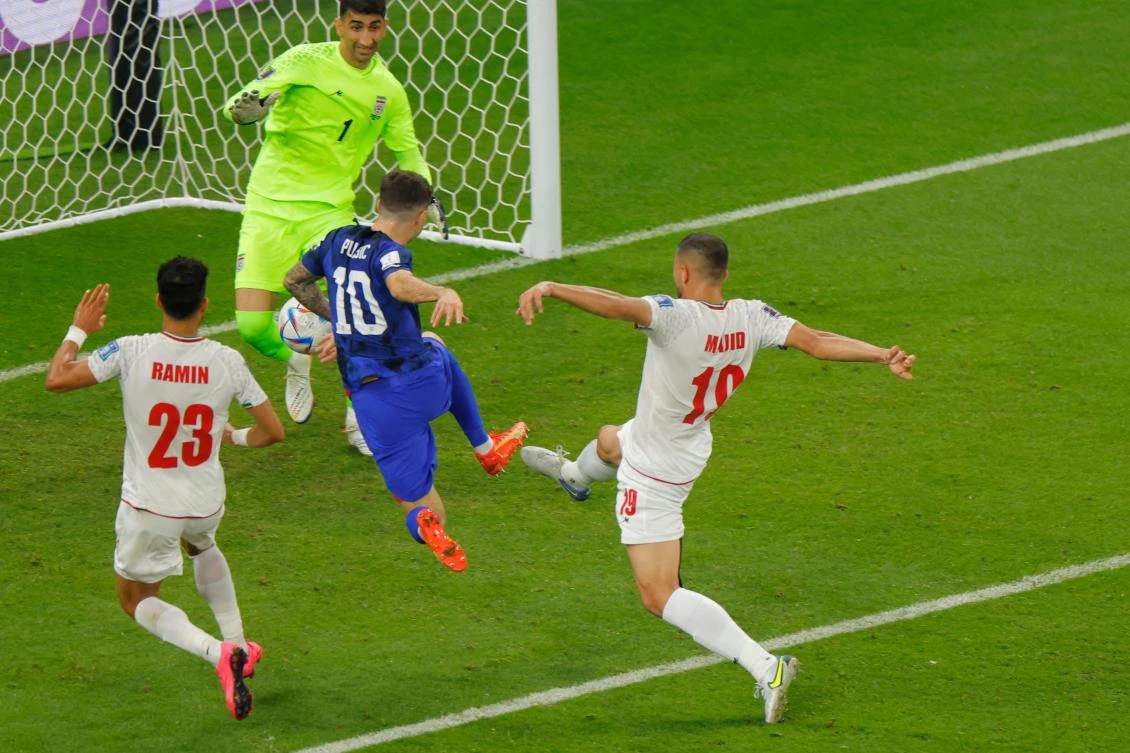 Christian Pulisic scores the winner for the US against Iran at Al-Thumama Stadium, Doha, Nov. 29, 2022. (AFP)
