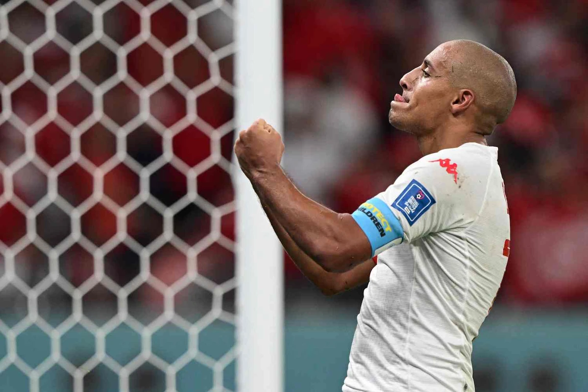 Tunisia’s Wahbi Khazri celebrates scoring his team’s first goal during the Qatar 2022 World Cup Group D football match between Tunisia and France. (AFP)