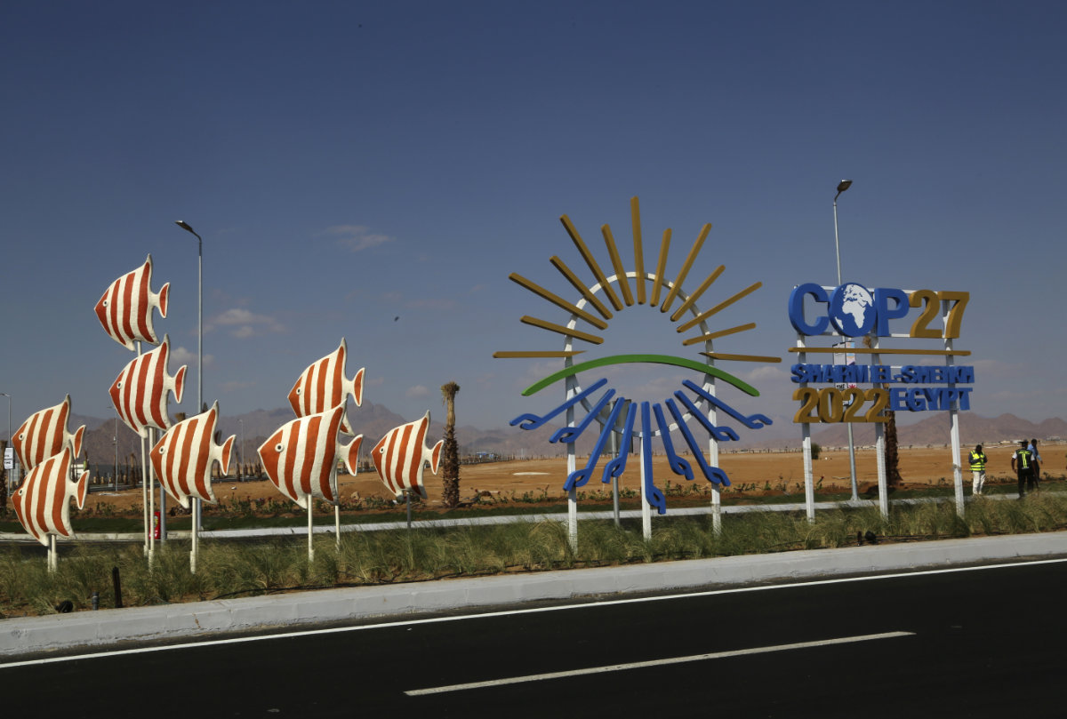 A view of Sharm el-Sheikh's Peace Road in Sinai, Egypt, adorned with signage on climate change. (AP)
