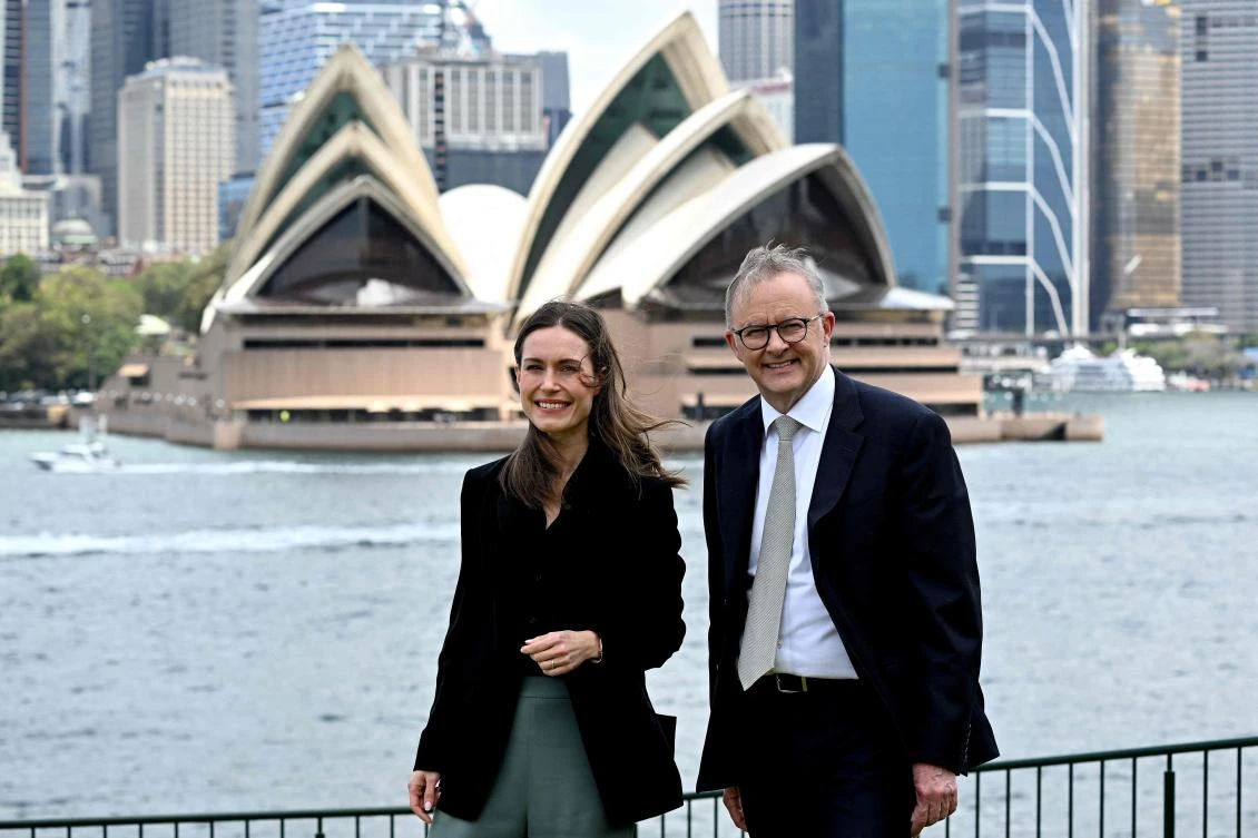 Sanna Marin, above, with Australian Prime Minister Anthony Albanese, used a speech in Sydney to urge democracies to ramp up sanctions against Russia. (AFP)