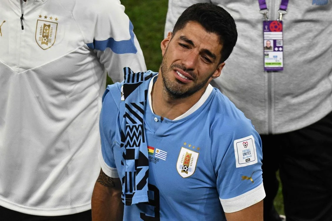 Uruguay's forward Luis Suarez reacts at the end of the Qatar 2022 World Cup Group H football match between Ghana and Uruguay at the Al-Janoub Stadium in Al-Wakrah. (AFP)
