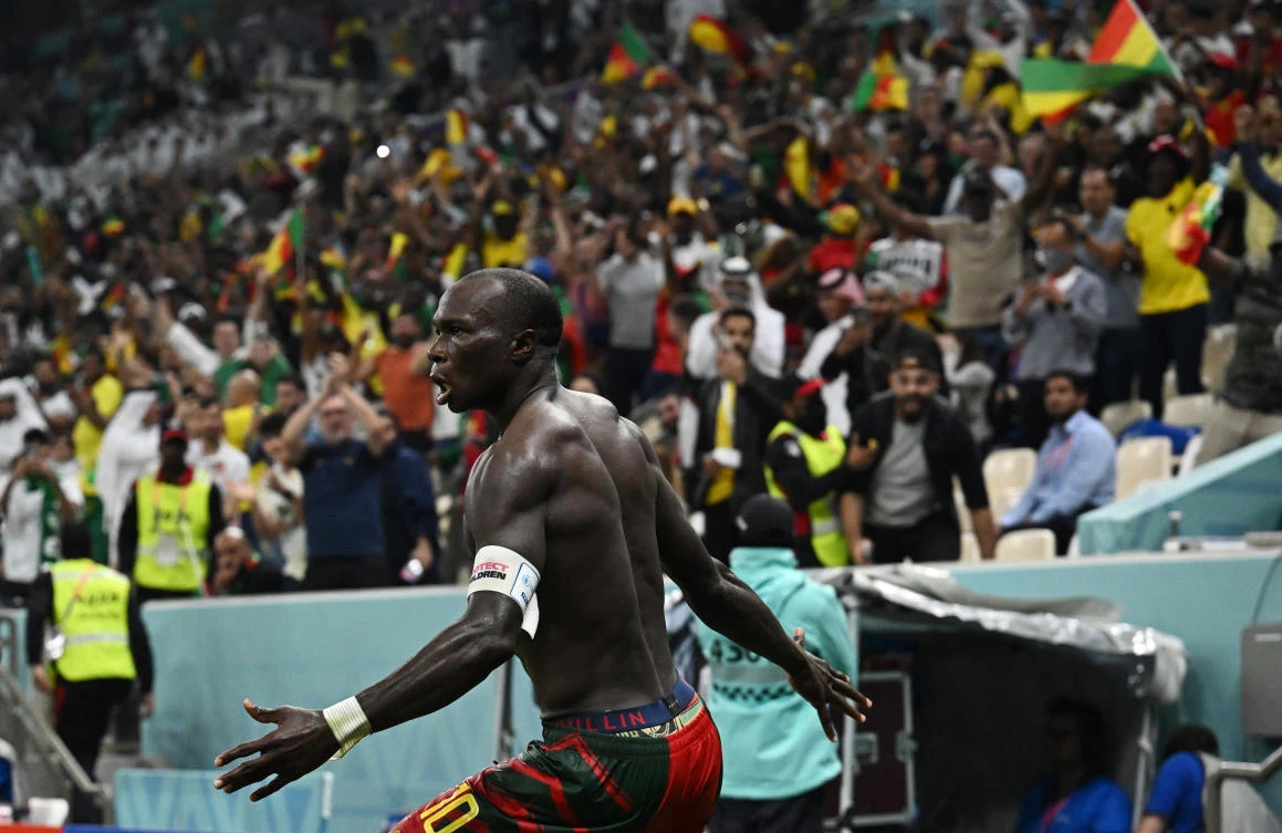 Cameroon’s Vincent Aboubakar celebrates scoring their first goal during their World Cup Group G against Brazil at Lusail Stadium, on Friday. (Reuters)