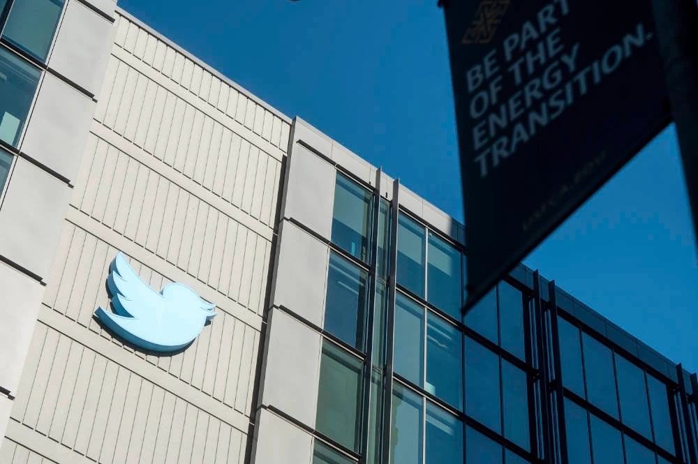 A Twitter logo hangs outside the company's San Francisco offices on Nov. 1, 2022. (AP)