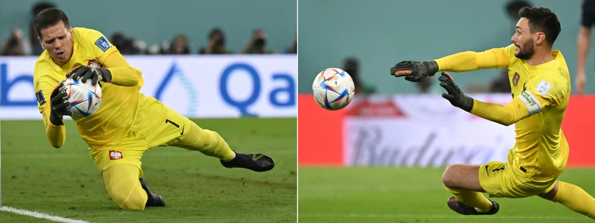 Polish goalkeeper Wojciech Szczesny, left, and French goalkeeper Hugo Lloris in action at the World Cup in Qatar. (AFP)