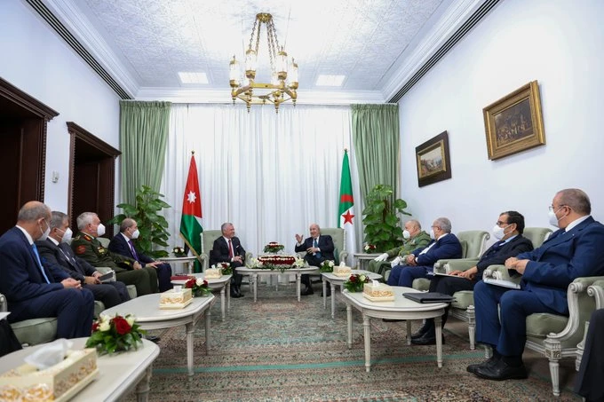 Jordan’s King Abdullah II and Algerian President Abdelmadjid Tebboune held talks on Sunday in Algiers. (Petra)