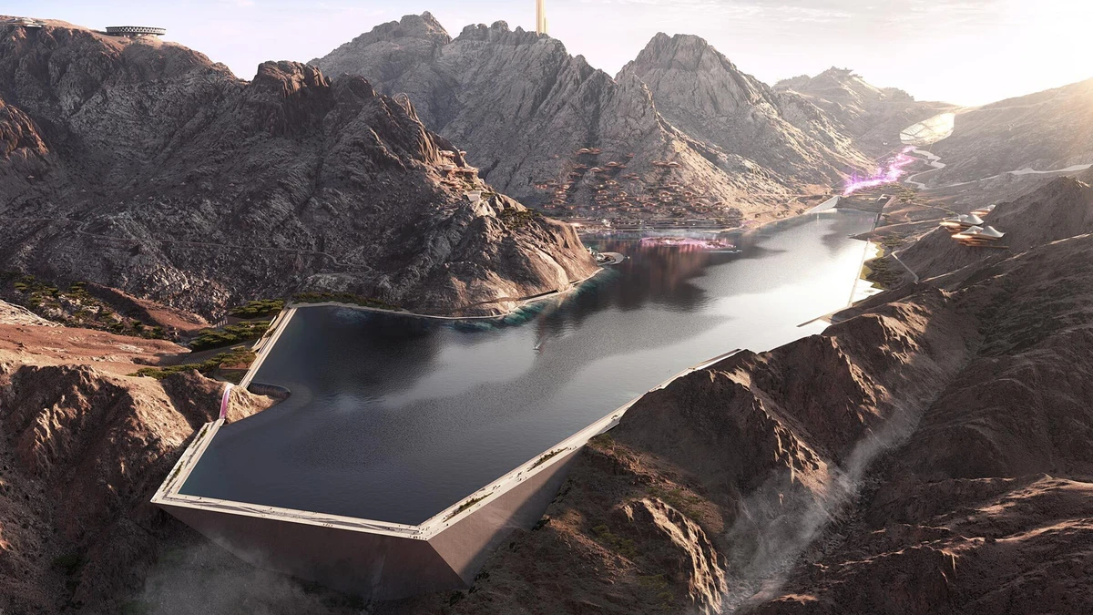 The complex will have year-round skiing, chalets, high-end residences, ultra-luxury hotels and a five-meter-deep manmade lake filled with desalinated sea water. (Supplied)