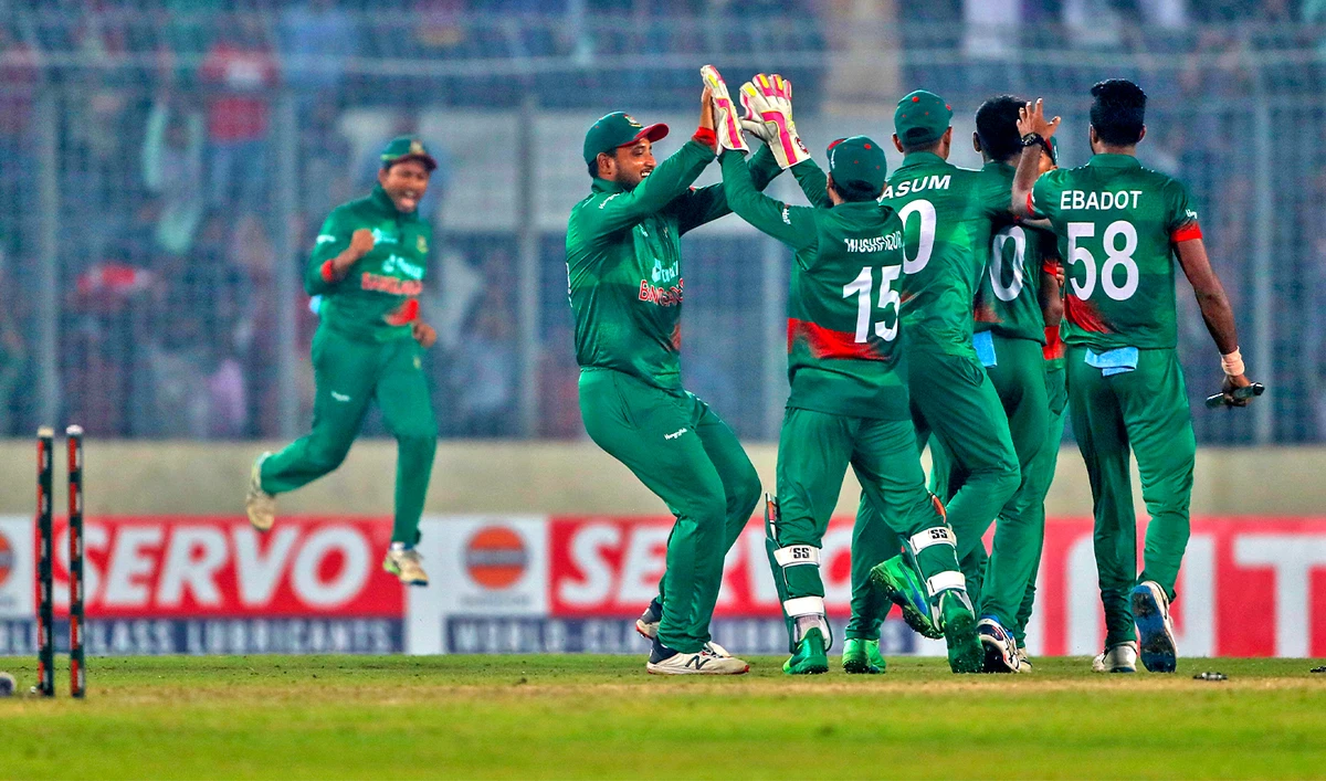Bangladesh players celebrate after winning the second one day international cricket match between Bangladesh and India in Dhaka, Bangladesh, on December 7, 2022. (AP)