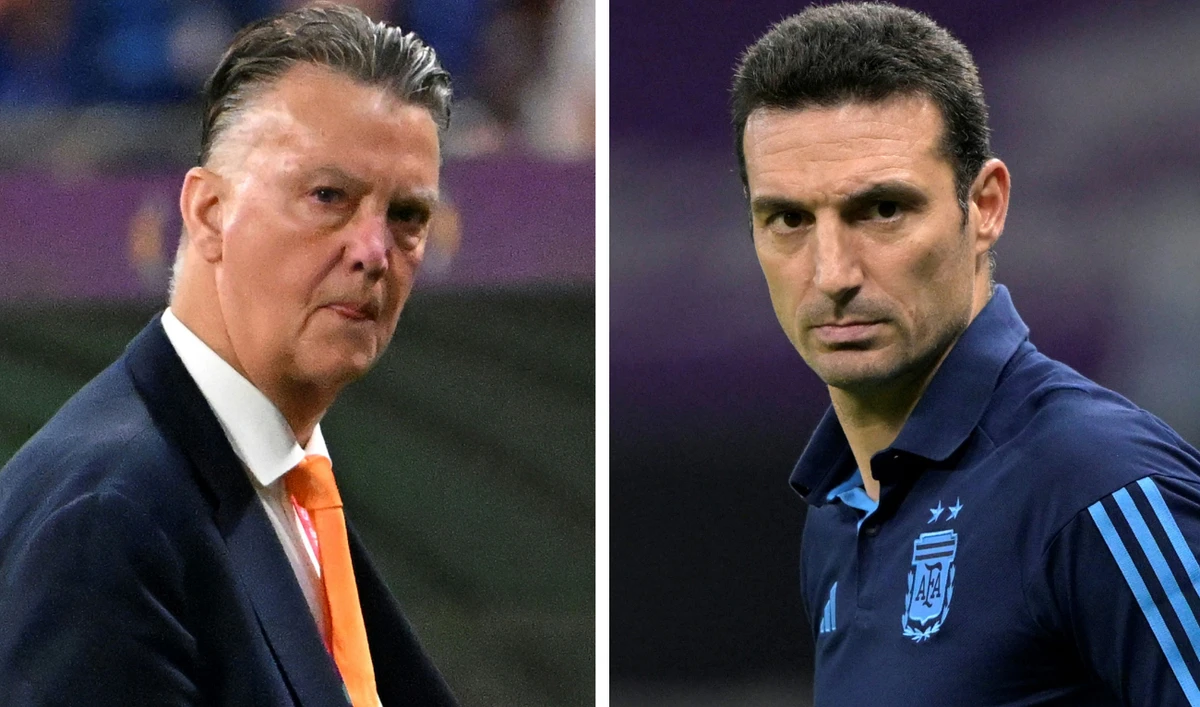 This combination of pictures created on Dec. 7, 2022 shows Netherlands' coach Louis Van Gaal (L) during the round of 16 against the US and Argentina's coach Lionel Scaloni at the round of 16 against Australia. (AFP)