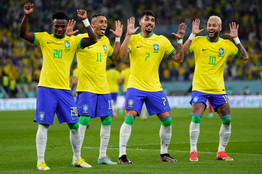 Brazil's Neymar, from right, celebrates with teammates Lucas Paqueta, Raphinha and Vinicius Junior after scoring his side's second goal during match against South Korea. (AP)