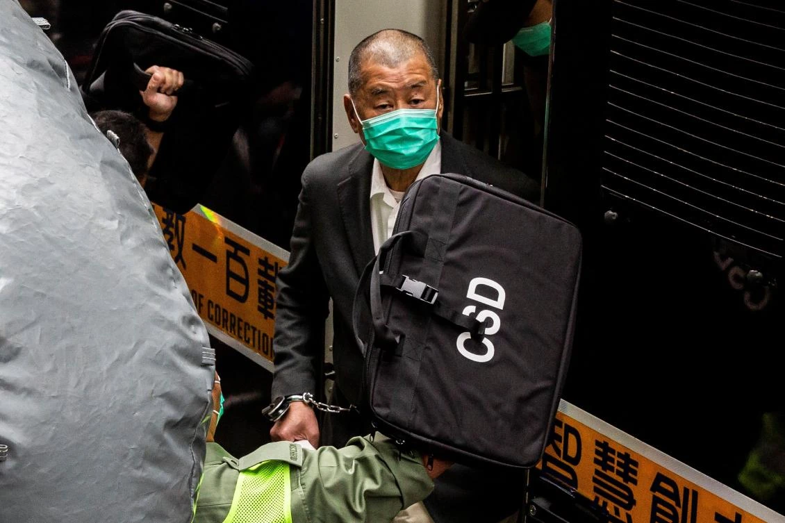 Above, media tycoon Jimmy Lai arrives for his bail hearing on Feb. 9, 2021. (AFP)