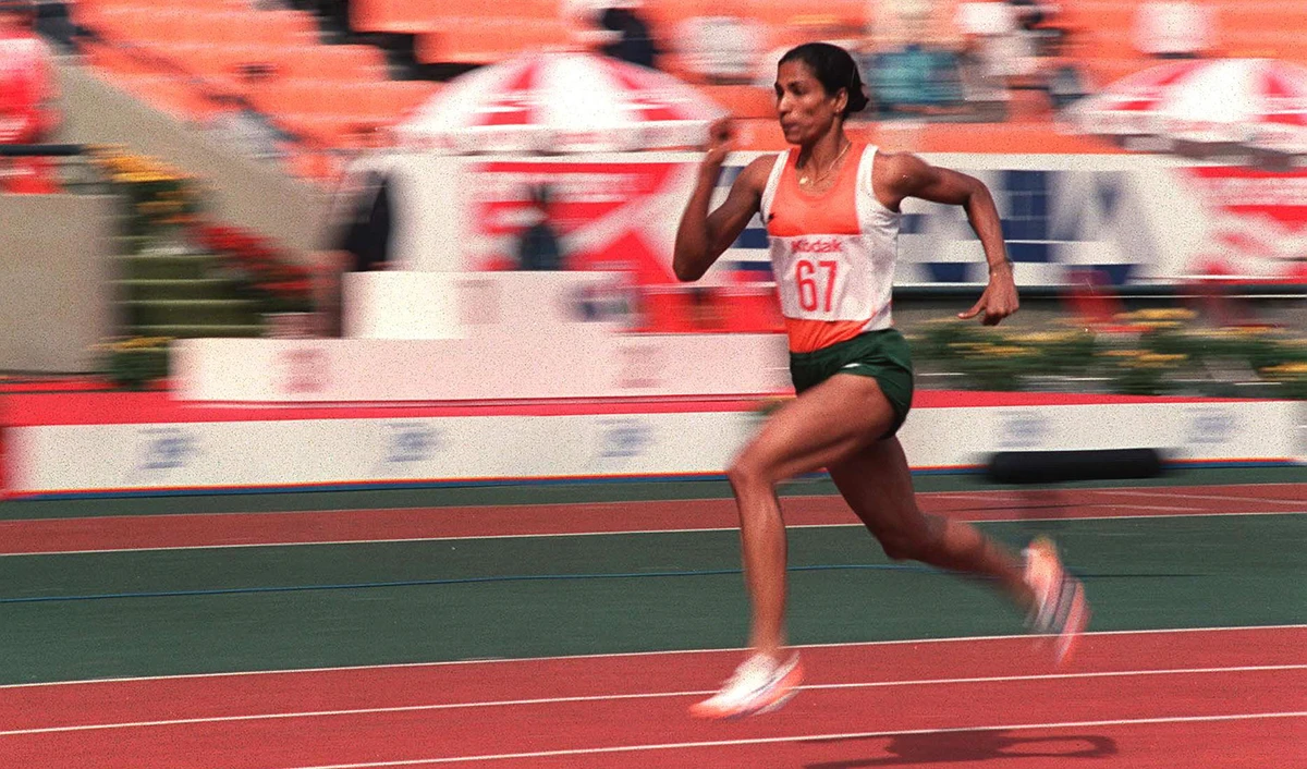 Track star P.T. Usha of India shown in photo dated 29 September 1986 streaking her way to pass in the women's 200-meter heats with a new Asian games record time of 23.68 secs. (AFP/File)
