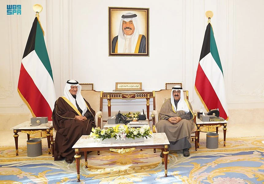 Saudi Energy Minister Prince Abdulaziz bin Salman meets with Kuwait's Crown Prince Sheikh Mishal Al-Ahmad Al-Jaber Al-Sabah. (SPA)