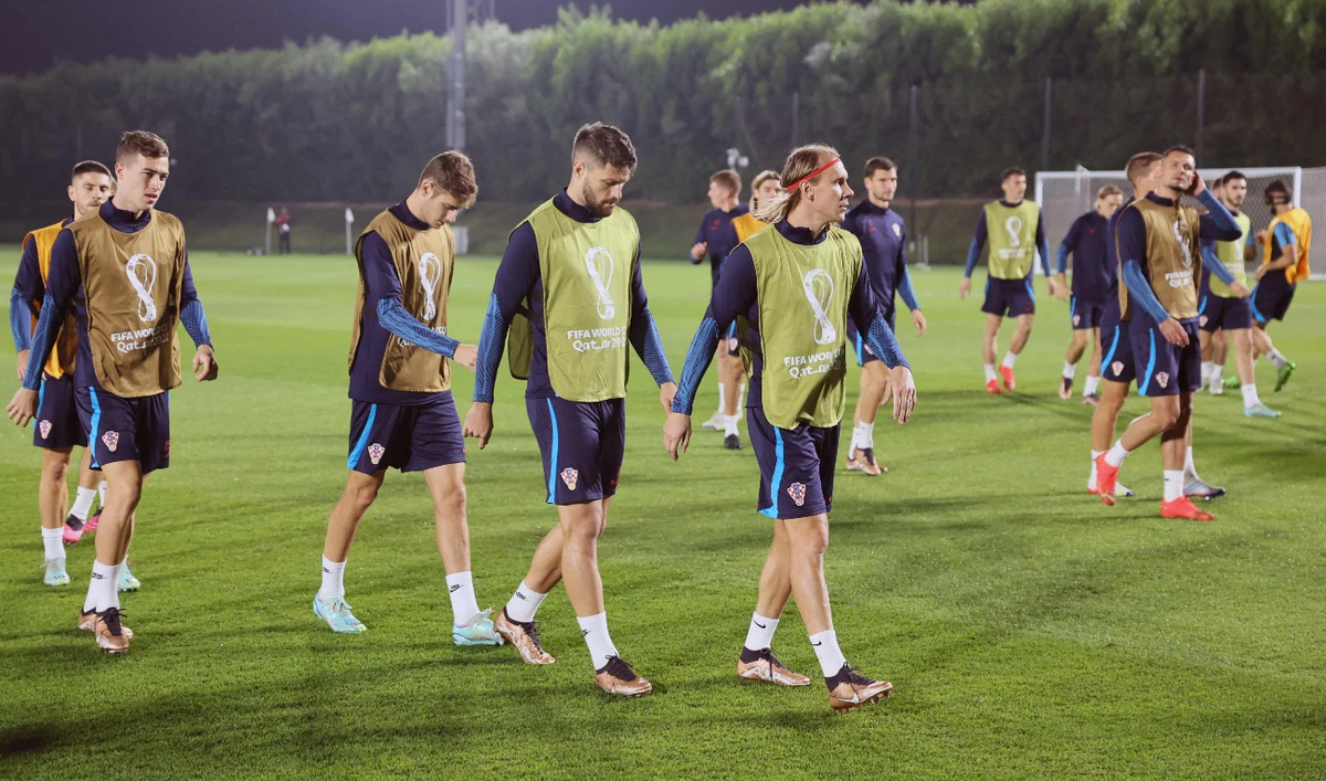 Croatia's players during a training session at the Al Erssal Training Site 3 in Doha on Monday, on the eve of their World Cup semifinal match against Argentina. (AFP)