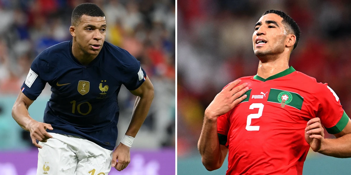 France's forward Kylian Mbappe Morocco's defender Achraf Hakimi during the Qatar 2022 World Cup football tournament. AFP