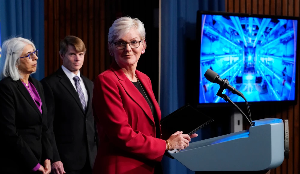 Secretary of Energy Jennifer Granholm, center, joined from left by Arati Prabhakar, the president's science adviser, and National Nuclear Security Administration Deputy Administrator for Defense Programs Marvin Adams, during a news conference in Washington, Tuesday, Dec. 13, 2022. (AP)