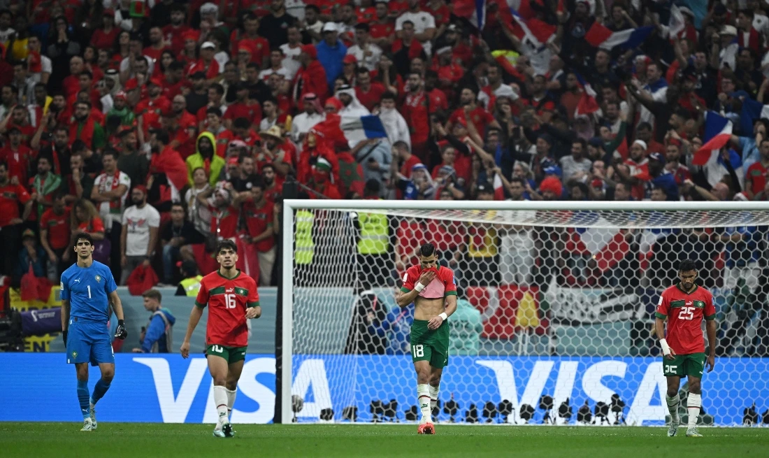 Morocco's Yassine Bounou, Abde Ezzalzouli, Jawad El Yamiq and Yahya Attiat-Allah react after conceding their second goal scored by France's Randal Kolo Muani. (Reuters)
