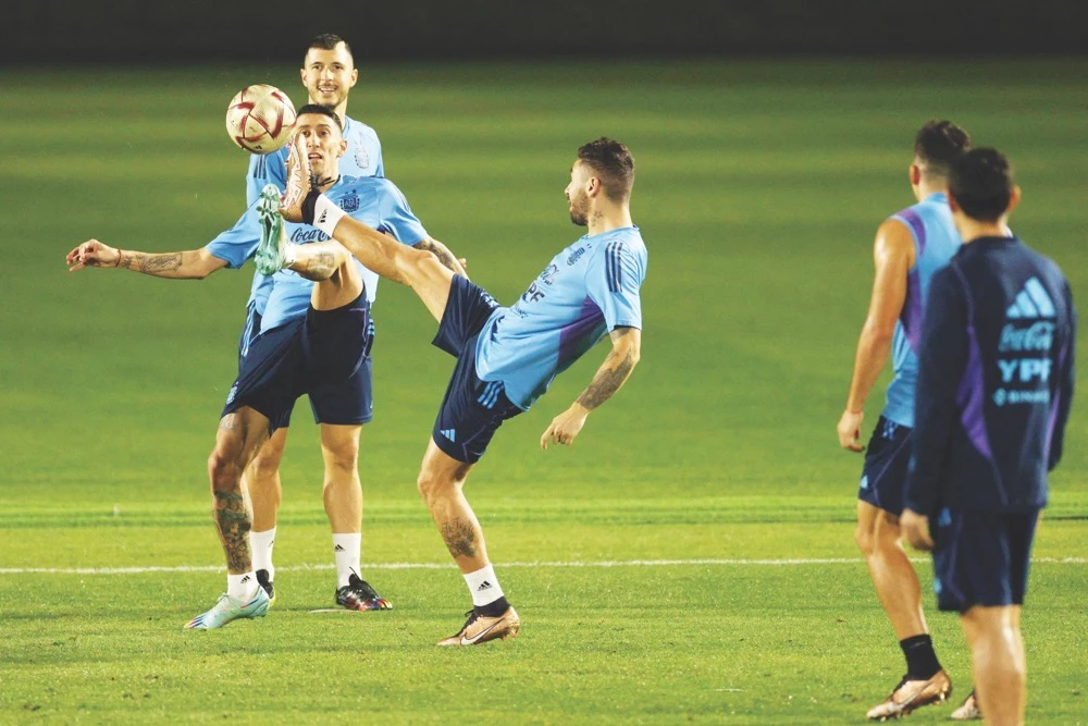 Argentina’s players take part in a training session at the Qatar University training site 3 in Doha on Thursday. (AFP)