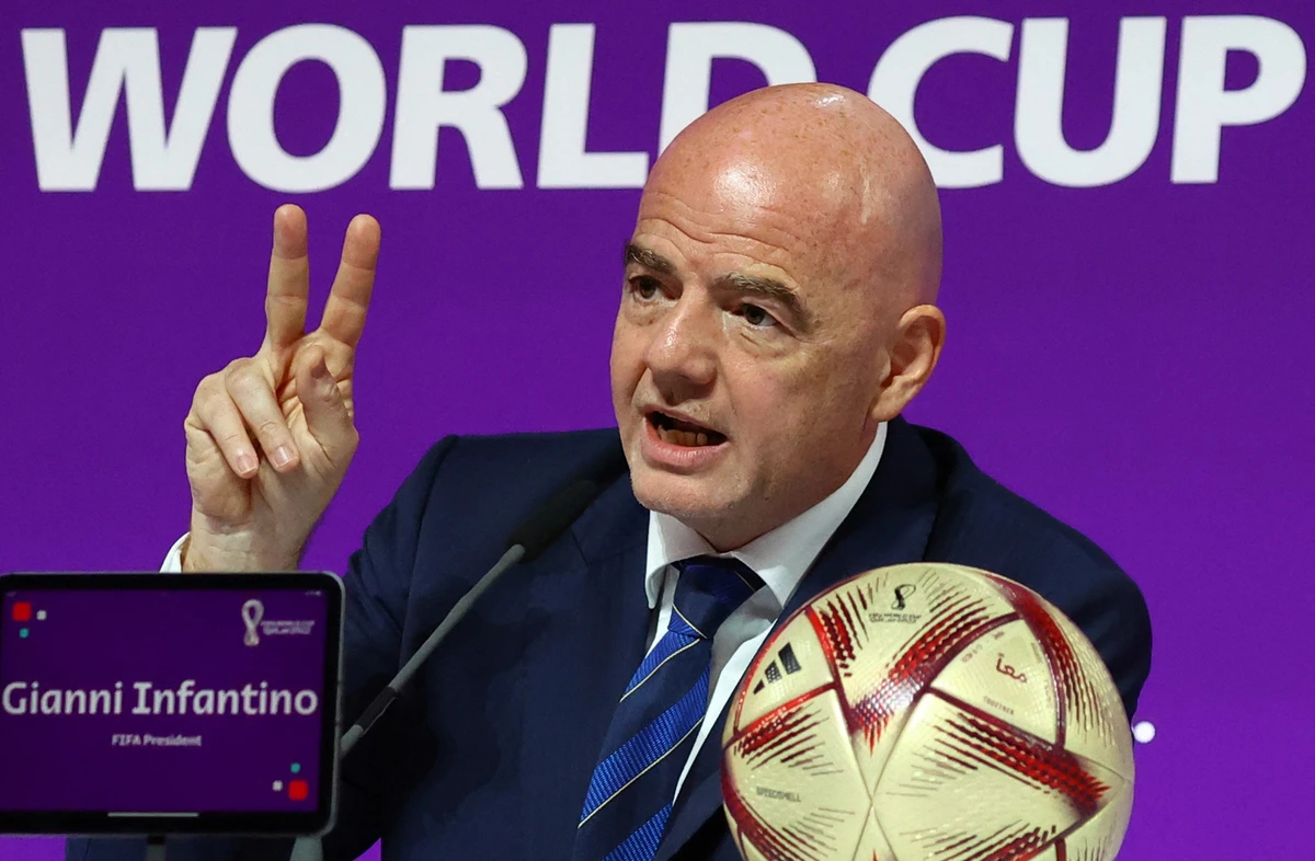 FIFA President Gianni Infantino during a press conference at the Qatar National Convention Center in Doha on Friday. (Reuters)