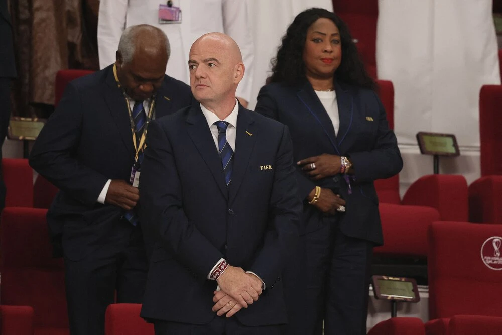 FIFA President Gianni Infantino attends the Qatar 2022 World Cup third place play-off match between Croatia and Morocco at Khalifa International Stadium in Doha on Saturday. (AFP)