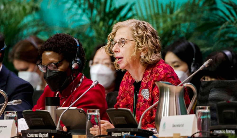 Executive Director of the United Nations Environment Programme, Inger Andersen, speaks during the United Nations Biodiversity Conference (COP15) opening plenary at the Palais des Congres in Montreal, Quebec, Canada on December 7, 2022. (AFP)