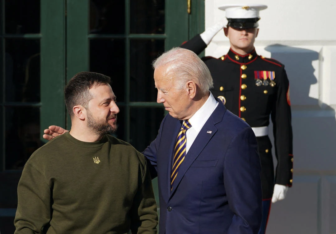 US President Joe Biden welcomes Ukraine’s President Volodymyr Zelensky to the White House in Washington on December 21, 2022. (Reuters)