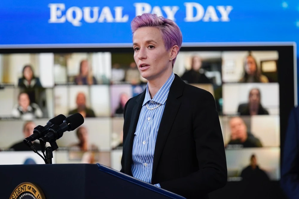 US soccer women's national team member Megan Rapinoe at an event to mark Equal Pay Day in Eisenhower Executive Office Building on the White House Campus on March 24, 2021. The House has passed a bill that ensures equal compensation for US women competing in international events. (AP/File)
