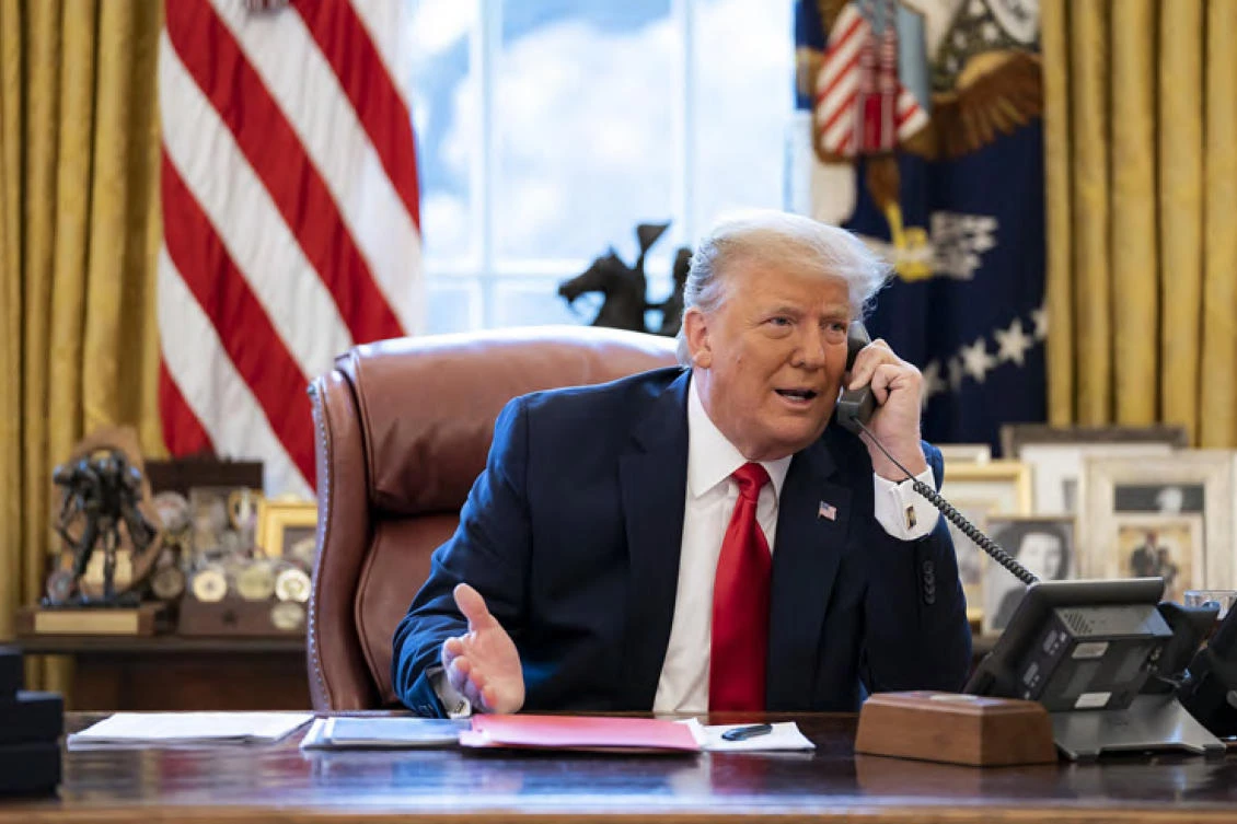 Image released in the final report by the House select committee investigating the Jan. 6 attack on the US Capitol shows President Donald Trump on the phone with Vice President Mike Pence from the White House. (AP)